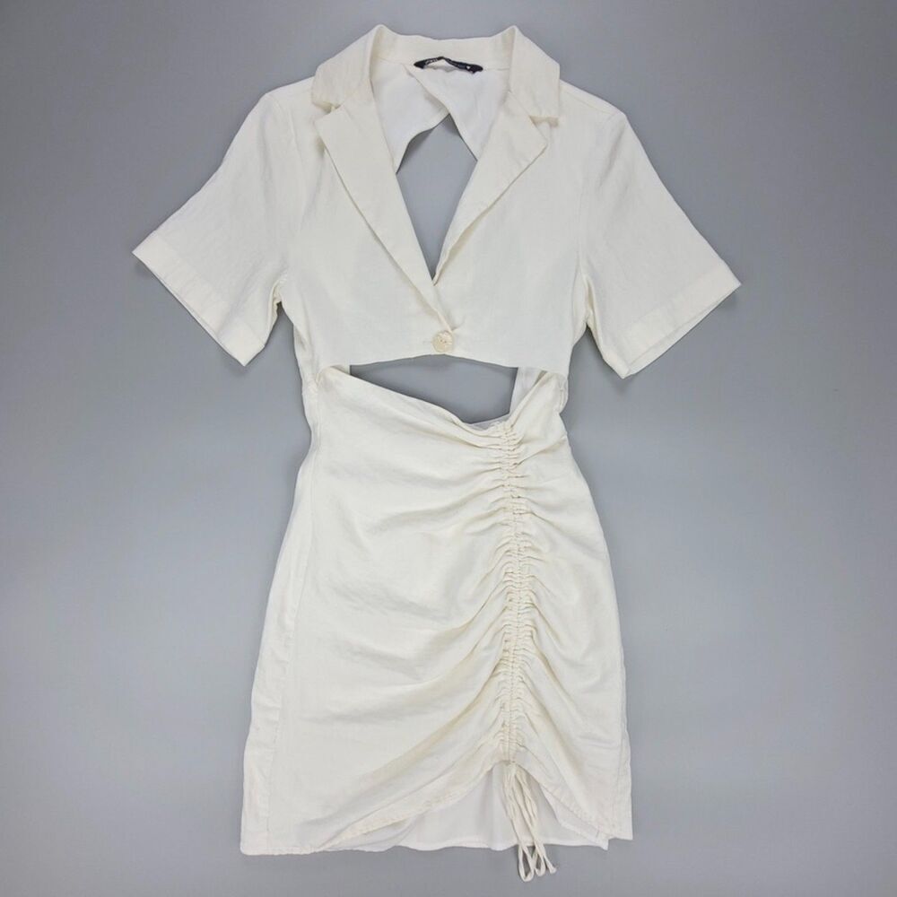 ZARA Linen Short Sleeve Ruched Cut Out 90s Mini Shirt Dress Off Womens XS White